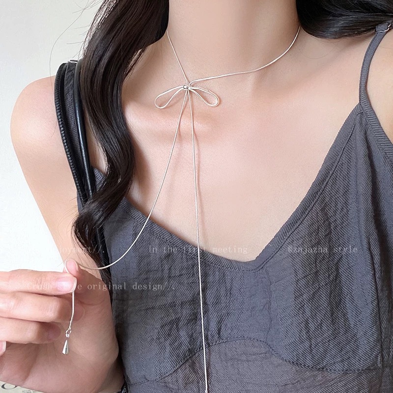 Bow Pendant Necklace Women's Korean Style Long Decorative Sweater Chain Silver Daily Versatile T-Shirt Accessories Wear