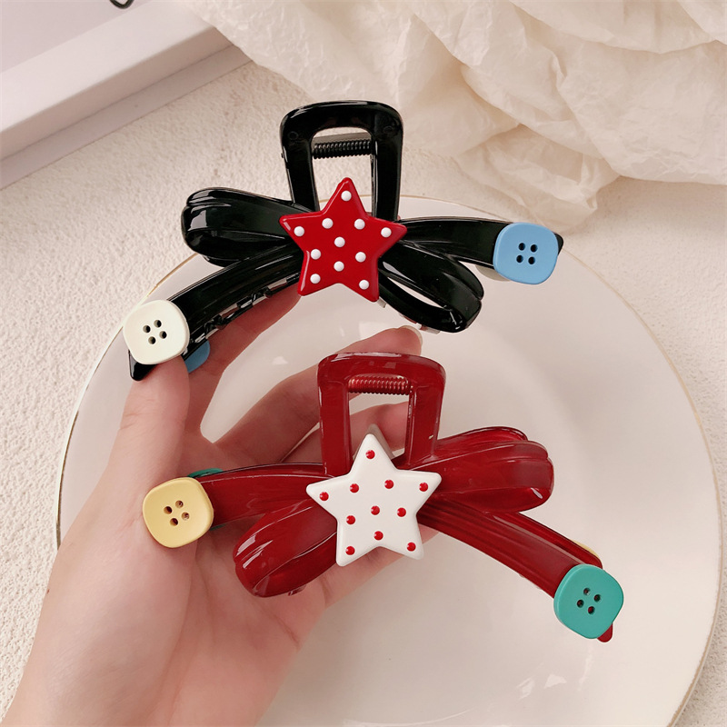 Diversión de contraste de color ondulado punto estrella agarrar clips de botón de arco grande clips de tiburón medio clip de cabello agarrar el cabello