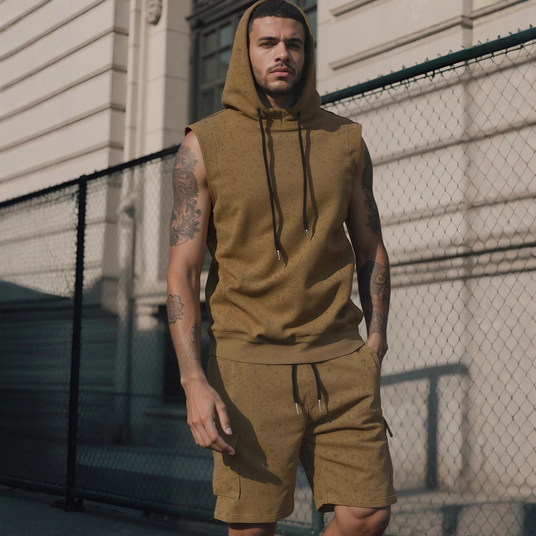 Nuevo transfronterizo Europa y América Amazon hombre encapuchado fitness chaleco de color sólido pantalones cortos set casual suéter deportivo