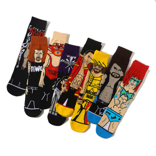 Men's wholesale cartoon sports men's socks cotton mid-calf women's sports European and American style socks cross-border wrestler trendy socks four seasons socks