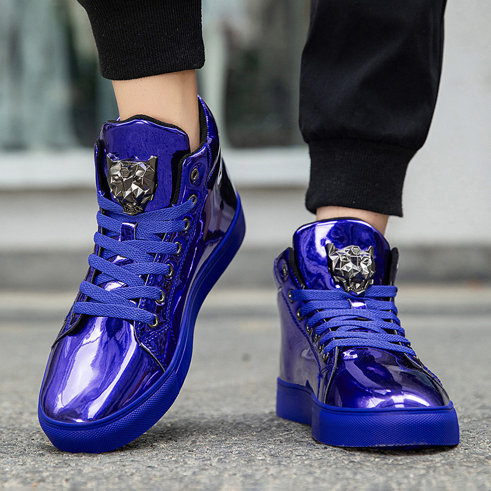 Giày sneaker nam cổ cao da bóng phong cách Hàn Quốc, giày thể thao thời trang cá tính — Bạc, màu xanh, màu đen, màu đỏ chi tiết 6