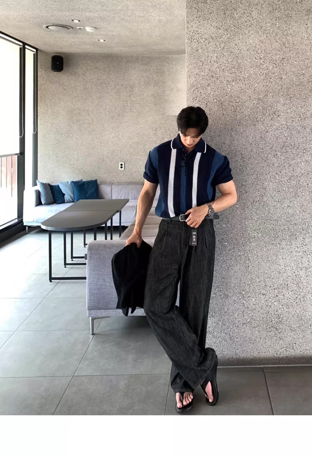 Men's High Quality Breathable Hollowed Out Color Block Knit Polo Shirt Korean Style Vertical Striped Short Sleeved T-Shirt For Spring/Summer_viptrois.com