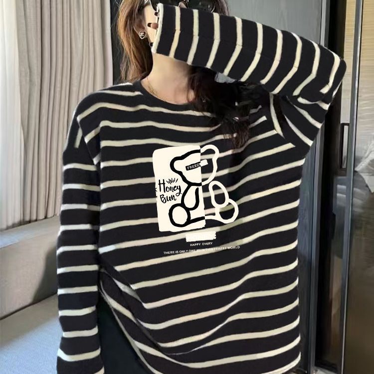 条纹设计感纯棉圆领长袖t恤女韩版宽松时尚百搭减龄上衣春秋季潮|undefined