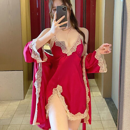 Spring and Summer Women's Interest Sleep Gown Ice Silk Straps Thin Lace Homecoming Pajamas Trendy Private Chamber Robe Two-Piece Set