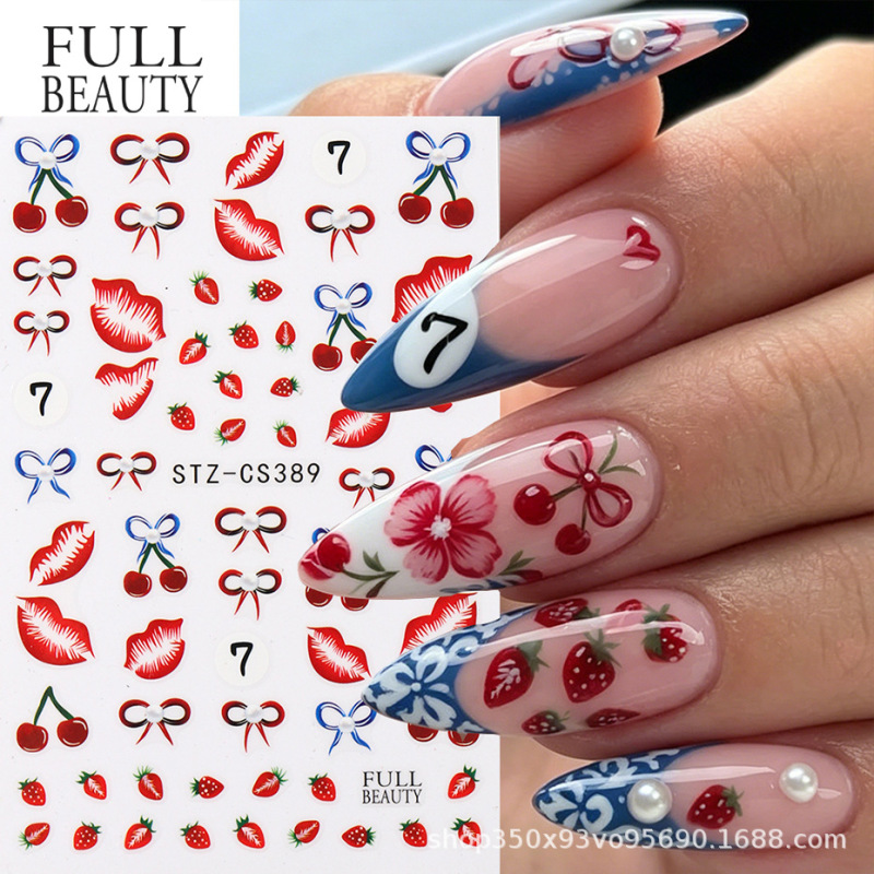 Cross-Border New Nail Art Stickers Y2K Sweet Girl Style Red Lips Cherry Strawberry Bow Digital Adhesive Nail Stickers