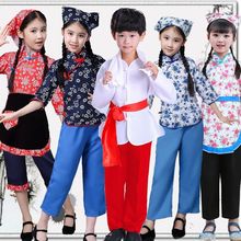 六一兒童表演服扇子舞少兒采茶舞蹈服裝女童演出服花布兒童秧歌服