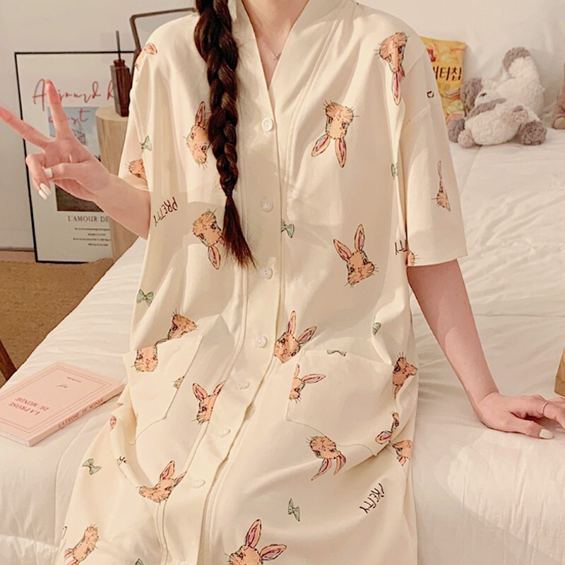 Breastfeeding Dress Summer Cotton with Chest Pad Postpartum Maternity Short-sleeved Nightgown Pregnant Women's Nightgown Pregnant Women's Nightgown