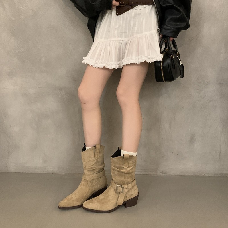 复古粗跟皮带扣褶皱堆堆靴V口短靴女2025秋冬季棕色尖头马丁靴女|undefined