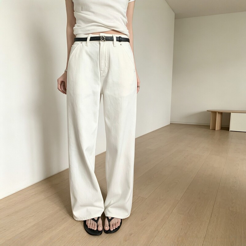 2026 New Korean Style Iridescent Cow Series Textured Twill Slim Straight Leg Slimming White Jeans