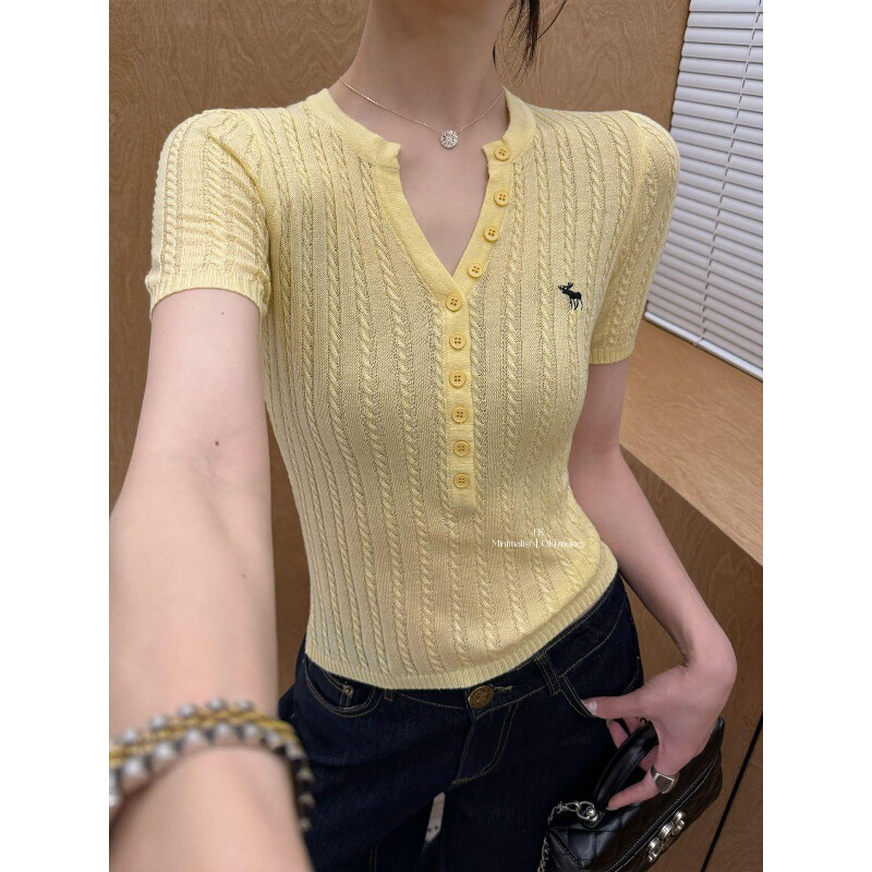 Old Money Style Embroidered V-Neck Cable Knit Short-Sleeve T-Shirt for Women, Summer Slim-Fit Cropped Top with Half-Open Collar