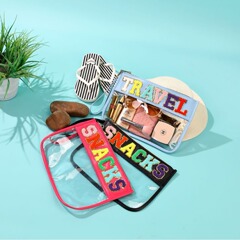 PVC透明刺繍文字入り化粧ポーチ、既製収納バッグ、ビーチバッグ、シェニール旅行バッグ、防水多機能