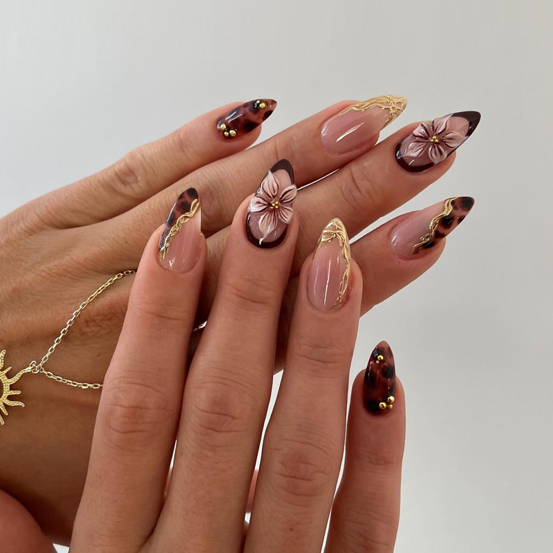 Popular Foreign Trade Item: Detachable 3D Flower Almond-Shaped Nail Tips, Leopard Print French Style False Nail Tips Wholesale