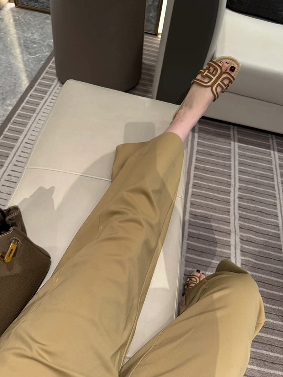 Quần tây nữ ống rộng cạp cao dáng suông kaki chín tấc mùa hè — Màu kaki