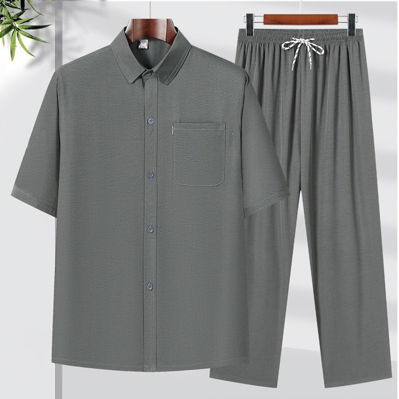 Men's Summer Clothing for Middle-Aged and Elderly Fathers: Cotton Linen Short-Sleeved Trousers, Chinese Style, Thin and Loose Fit