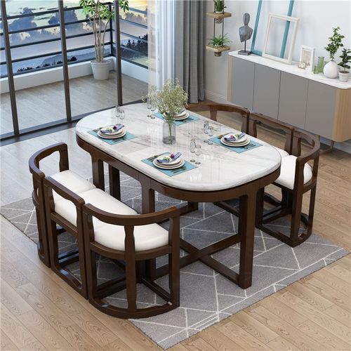 3x solid wood dining table and chair combination marble slate dining table household small apartment multi-functional invisible internet celebrity round table meal