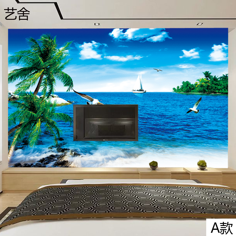 电视背景墙壁纸沙发墙布无缝壁画3d海景风景蓝天沙滩大海沙滩墙纸