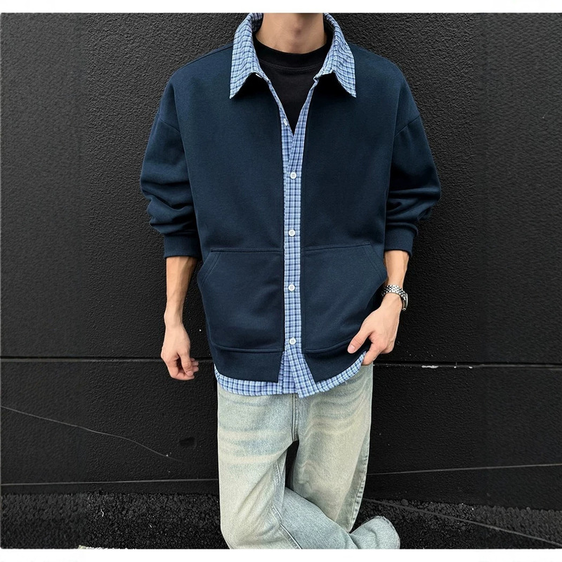 2026 Men's Spring New Style Patchwork Faux Two-Piece Plaid Sweatshirt Couple Outfit Fashionable Shirt Collar Casual Versatile Jacket 2026 Men's Spring New Style Patchwork Faux Two-Piece Plaid Sweatshirt Couple Outfit Fashionable Shirt Collar Casual Versatile Jacket