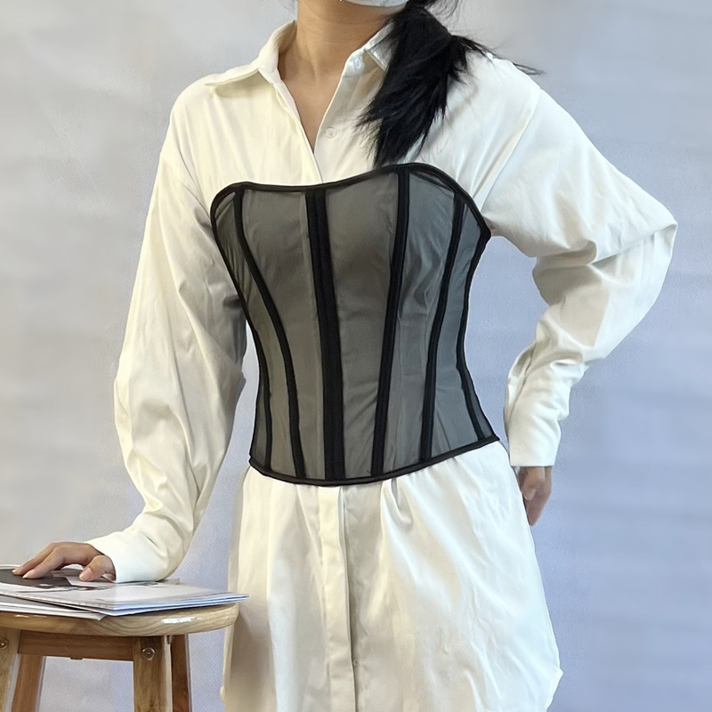 20942 European and American Women's Clothing Spring and Summer New Sexy Perspective Mesh Tight Strap Fishbone Corset Top