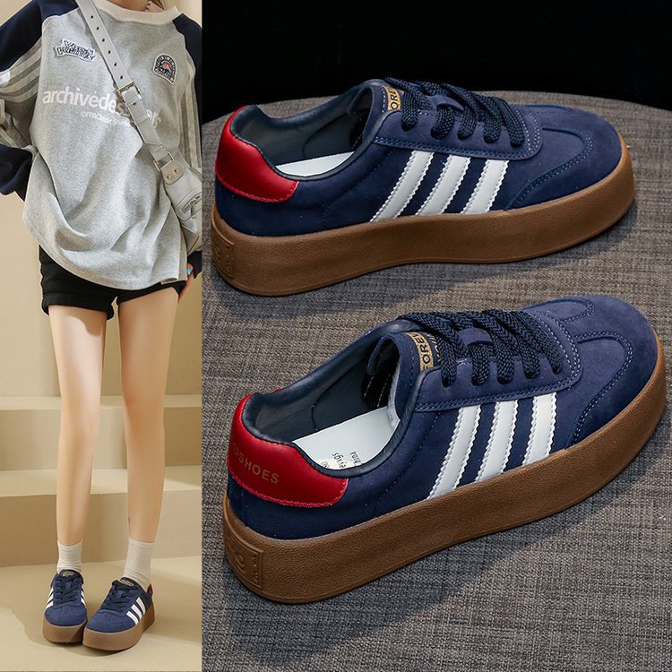 2025春秋新款韩版软底运动鞋女厚底增高板鞋系带女ins绒面单鞋