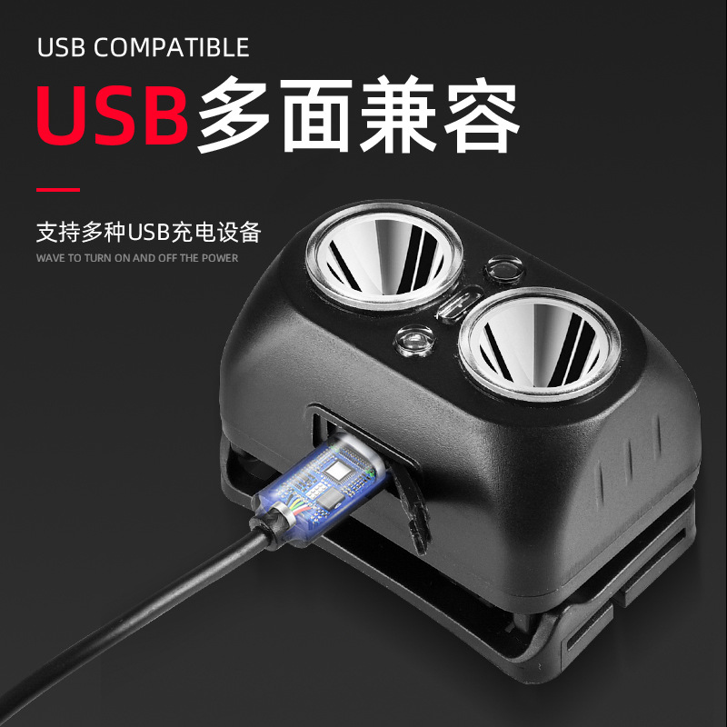 Luz LED amarilla, luz azul, súper brillante, faro recargable para exteriores, luz de inducción, pesca, duración de la batería de más de 10 horas