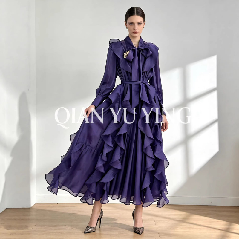 Pleated Ruffled Edge Dress with an Elegant and Sophisticated Designer Feel, Waist-Cinching Tie Dress, Niche Style for Export and Cross-Border Trade