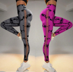 新款亞馬遜熱賣tiktok扎染破洞鏤空蜜桃臀緊身運動瑜伽褲暴懸浮