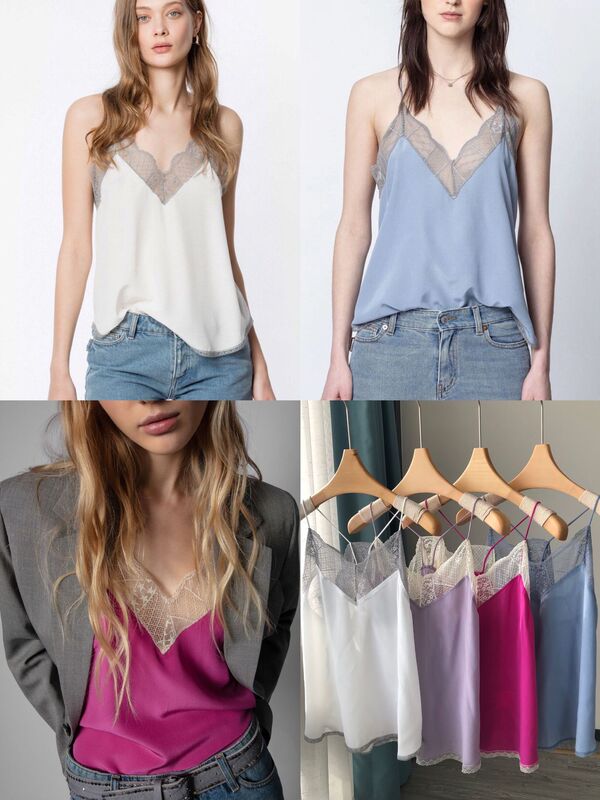 French-style Patchwork Petal Lace Light Luxury Soft Sand Wash Mulberry Silk Four Seasons Small Silk Camisole Vest