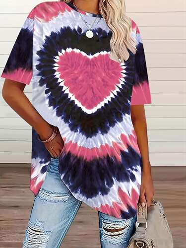 2026 new large size women's tie-dyed love printed T-shirt, spring and summer casual short-sleeved top