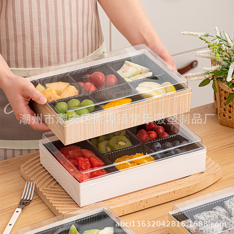 Caja de corte de frutas sin plegables, cuatro, cinco, seis cuadrículas de sushi, fruta fresca cortada, plástico transparente rectangular, caja de papel y plástico de tres piezas