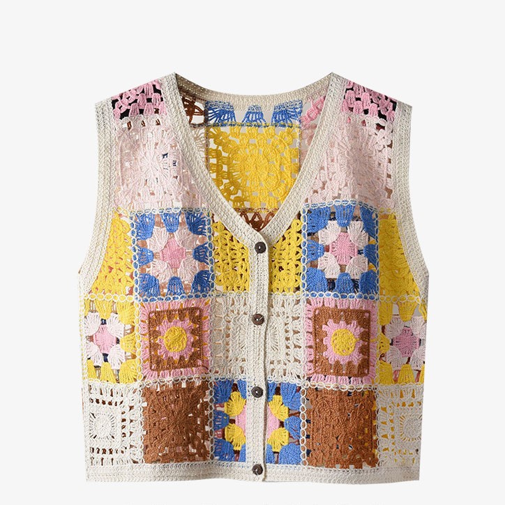 Nuevo estilo japonés hecho a mano de ganchillo contraste de color de punto Chaleco de las mujeres de moda de reducción de edad versátil chaleco cardigan desgaste exterior de moda superior