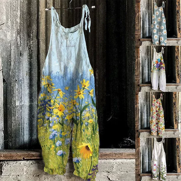 Amazon's New Summer Women's Clothing Printed Retro Jumpsuit European and American Cross-Border Hot-Selling Suspender Jumpsuit for Women