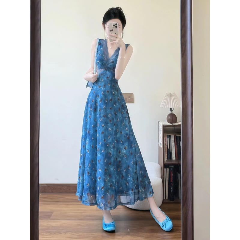 夏季流行爆款法式气质女神范轻奢高级感蕾丝拼接蓝色碎花连衣裙子|undefined