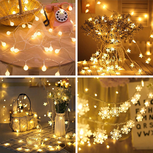 String of colorful lights, decoration to create a warm atmosphere, small LED lights, battery-operated, star, snowflake, ball, crystal ball