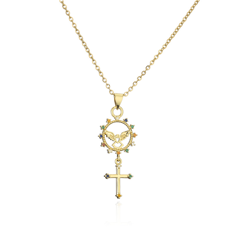 Fashion Copper-plated Real Gold Micro-inlaid Zircon Jewelry Cross Angel Geometric Pendant Necklace display picture 5