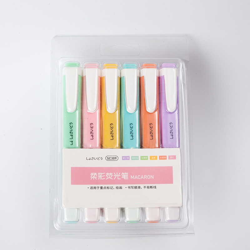 学生儿童涂鸦绘画标记重点学校仿笔形彩色糖果色手账用6色荧光笔|ru