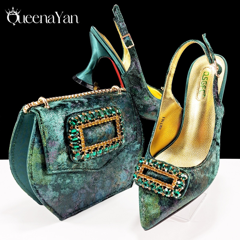 Rhinestone Back-Strap Pointed-Toe Women's Shoes with Unique Heels, Matching Rhinestone Square Buckle Clutch Bag, African Shoe and Bag Set, Wholesale Supply