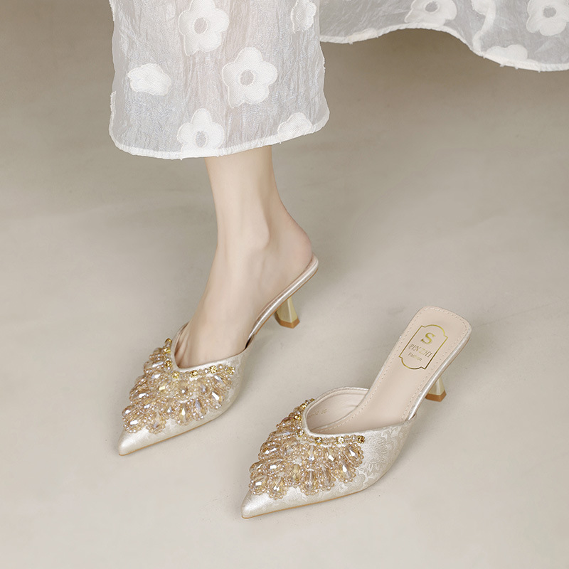 French High-end Beaded Toe Half Slippers Women's Outfit Rhinestone Pointed Slippers plus size High Heel Sandals with Skirt