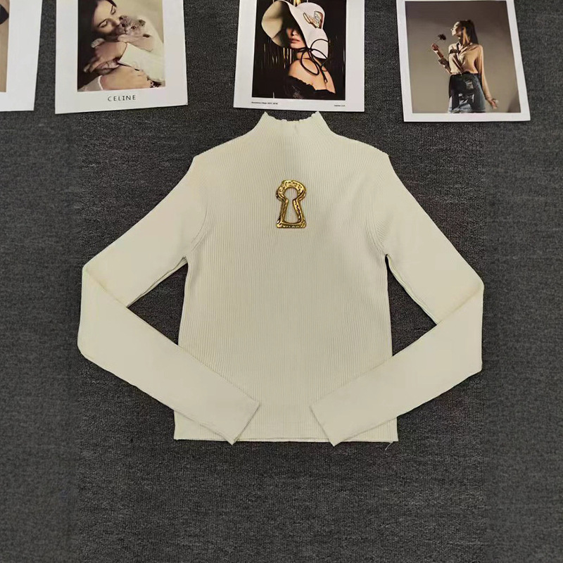 Foreign Trade Cross-Border Women's Retro Solid Color Metal Buckle Decorative Sweater Autumn Fashion Elastic Versatile Knitted Pullover