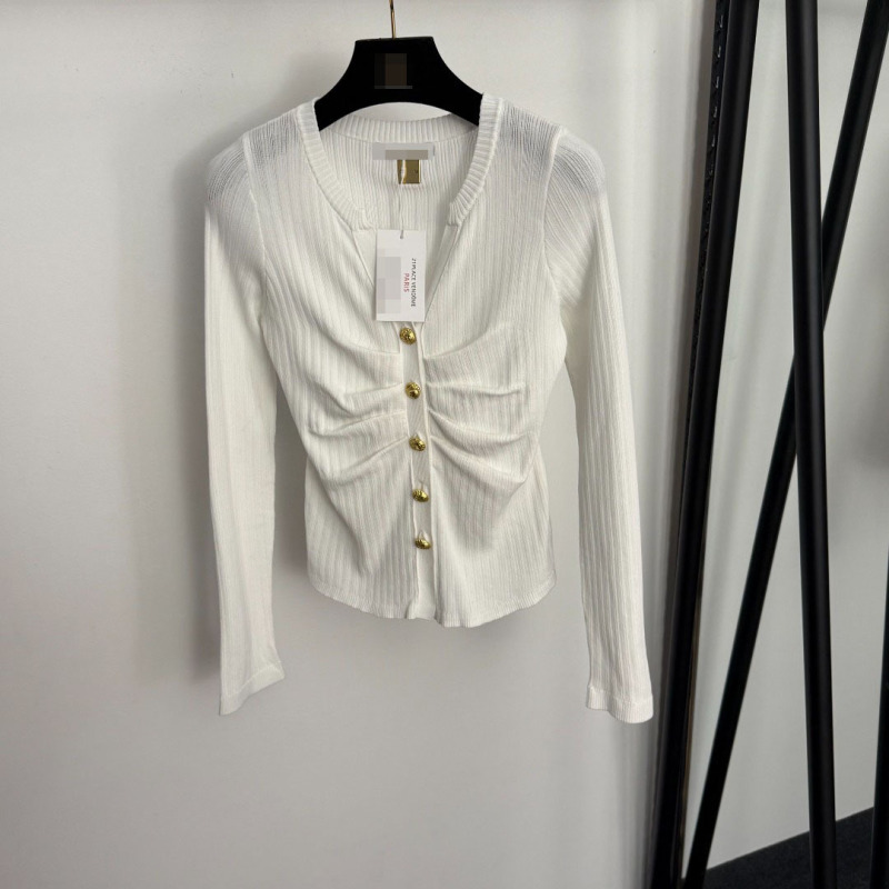 Shenzhen Nanyouhuo Classy Export New Style Gold Button V Neck Pleated Slim Long-Sleeved Knitted Bottoming Shirt Top