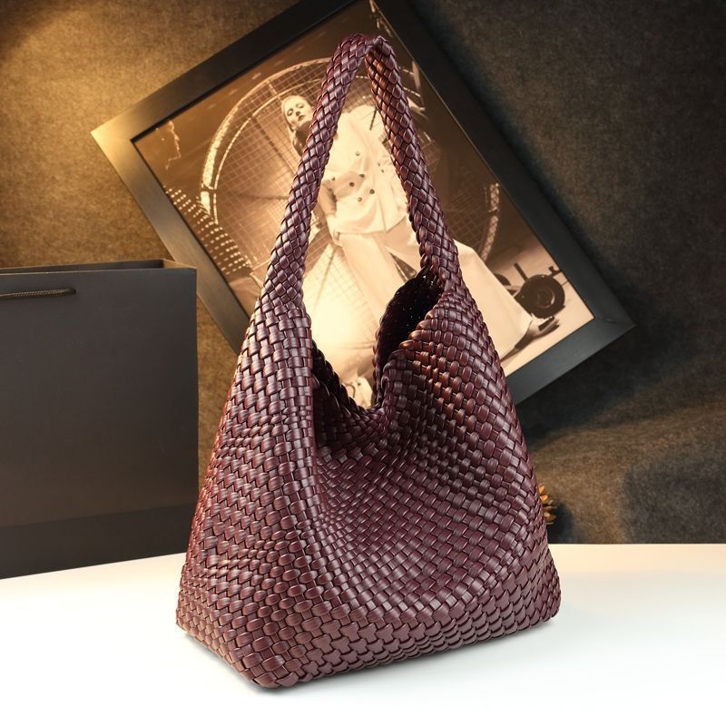Túi tote vải handmade dệt thủ công cỡ lớn kiểu giỏ mây, phong cách cổ điển — Màu đỏ rượu, Màu nâu, Màu xanh lục đậm, Màu xám đậm