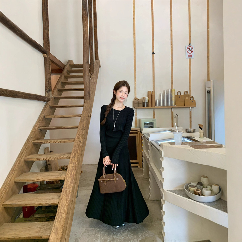 法式气质修身显瘦长袖针织高腰半身长裙女2025秋季新款时尚套装潮|undefined