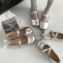 时尚气质银色方头浅口平跟单鞋女2024新款夏季韩版小香风玛丽珍鞋