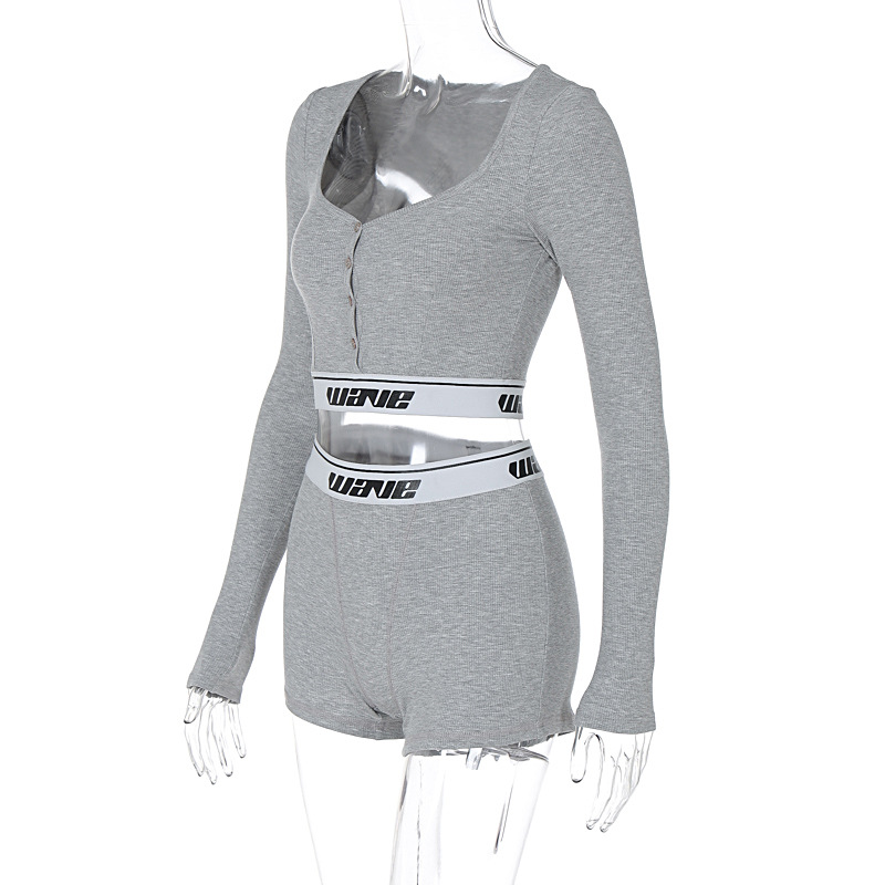 Women Clothing Sexy Tight Long Sleeves Cropped shirt Top High Waist Shorts Sports Two Piece Seit