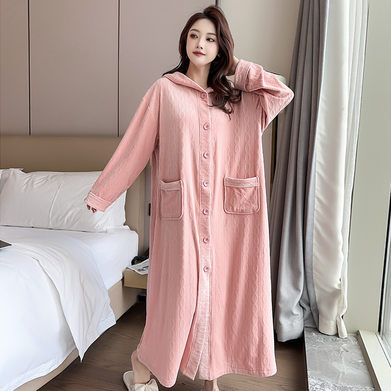 Autumn and Winter Large Size Warm Nightgown Pure Color Hooded Nightgown Women's Long Warm Bathrobe Fat mm Loose Thickeneded Nightgown