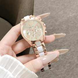 时尚玫瑰金白多盘女表米白罗马刻度表盘多计时石英机芯优雅潮流