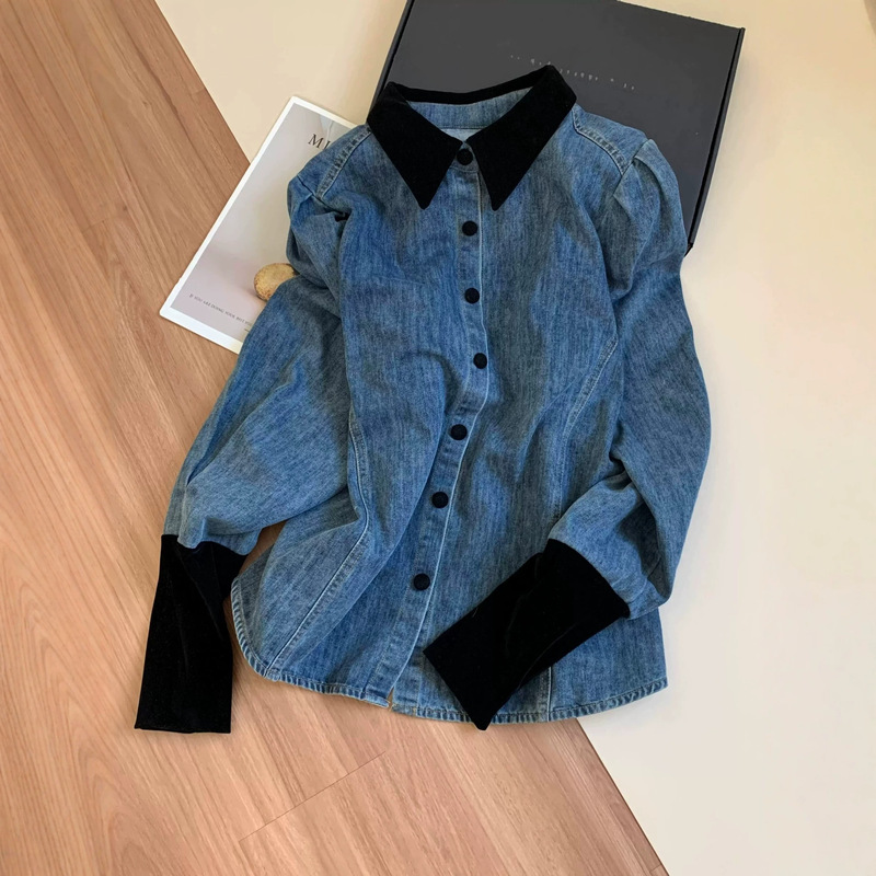 Contrast Color Patchwork Velvet Lapel Denim Shirt for Women 2026 Spring New Fashion Stylish Retro Top for Women Trendy