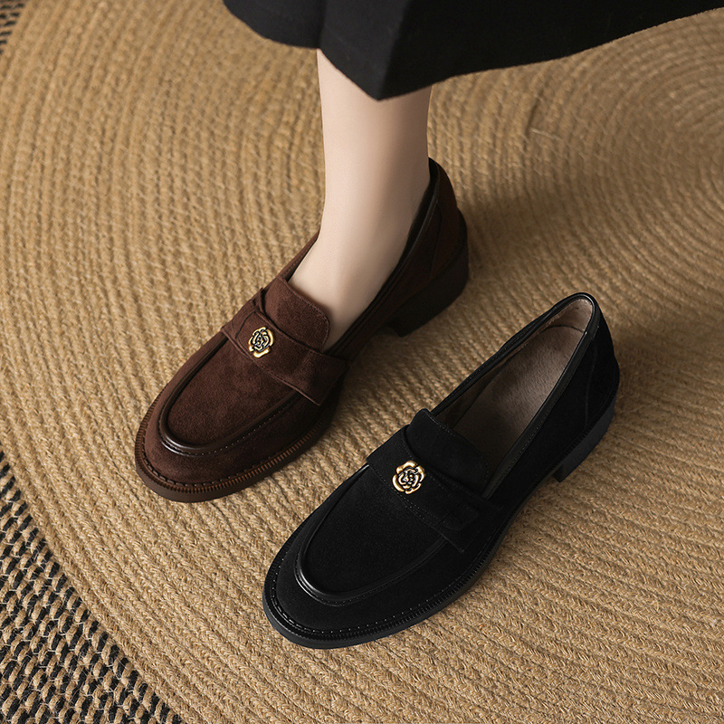 Giày lười nữ da lộn cừu miệng sâu lót nhung gót vuông thấp — Màu nâu [lót nhung]