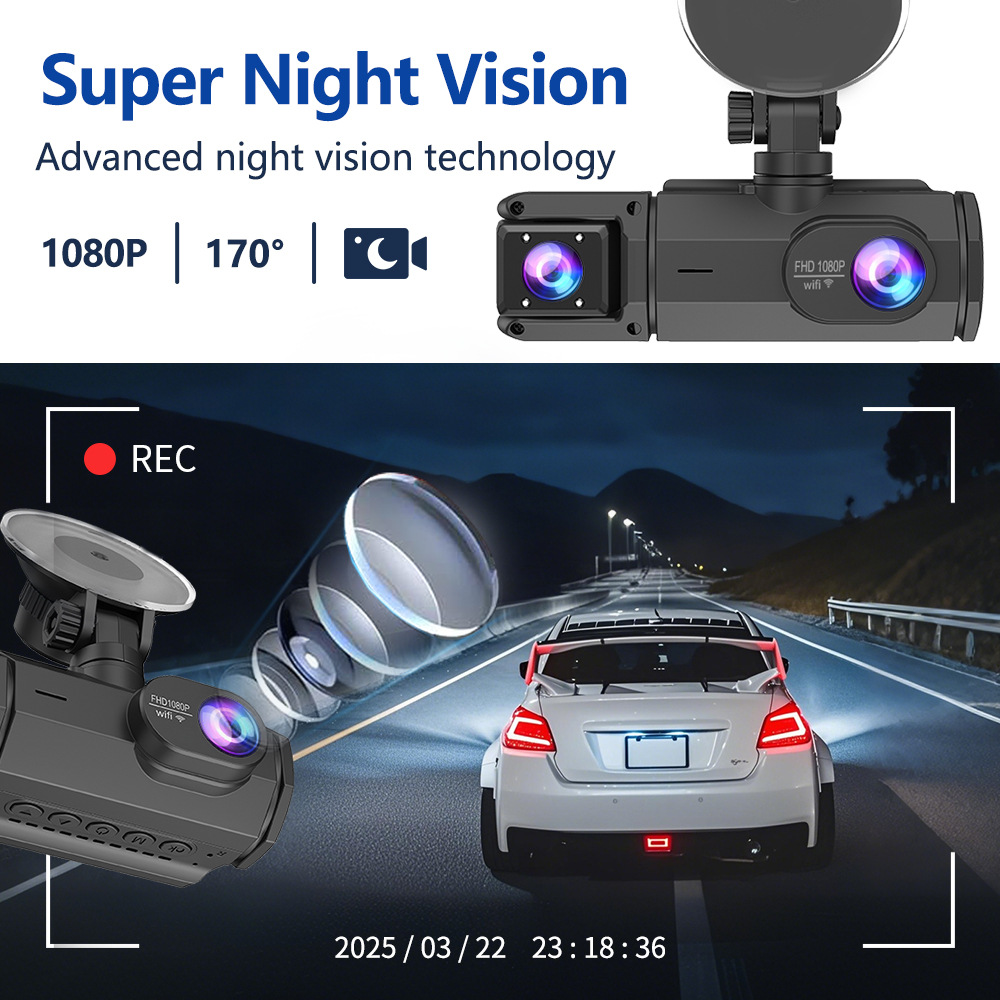 Cross-Border Hot-Selling Model: 3-Camera Simultaneous Display Dashcam with High-Definition Wifi and Mobile Phone Connectivity, Parking Monitoring Recorder