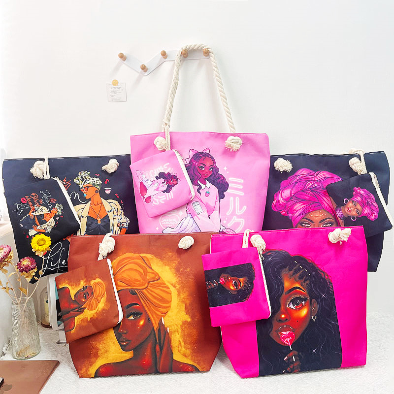 대형 가방과 소형 가방이 하나로 통합된 지퍼 핸드백, 접이식 면 로프 비치백, 모델 블랙 뷰티 프린트 숄더백