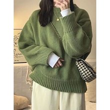 日系复古绿色圆领套头毛衣女宽松慵懒风加厚秋冬季外穿女针织上衣